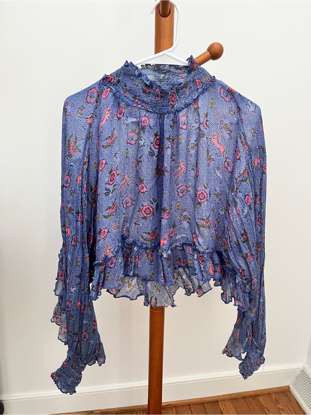 Free People Blue Floral Smocked Ruffle Blouse - XS